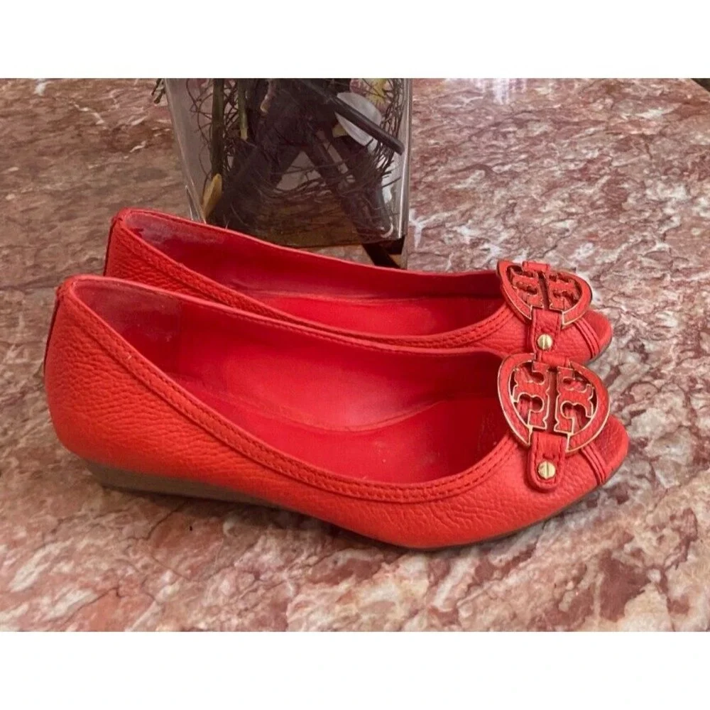 Tory Burch Amanda Orange Red Leather Open Toe Wedge Heel Shoes 10M ‎ EUC! $278